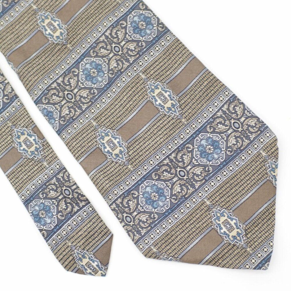 Henry Grethel Baroque Print Blue Brown Floral Wide Silk Tie